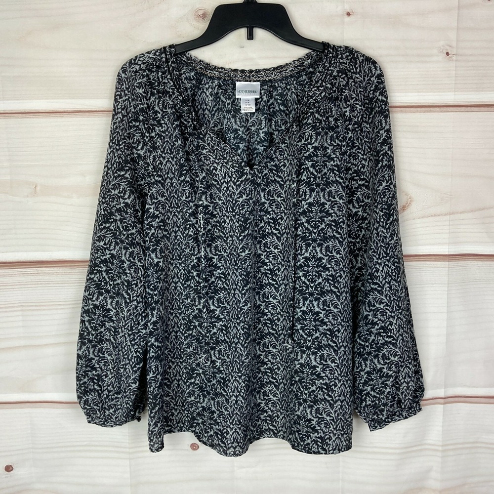 Motherhood Maternity Top Womens S Black Print Blouse V-Neck Long Sleeve Pullover
